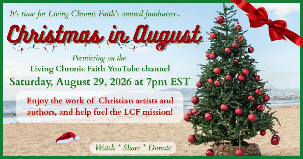 .Flyer fo annual fundraiser Christmas in August on Saturday, August 29th at 7pm EST. Beach background with  Christmas tree with red ornaments in the foreground.