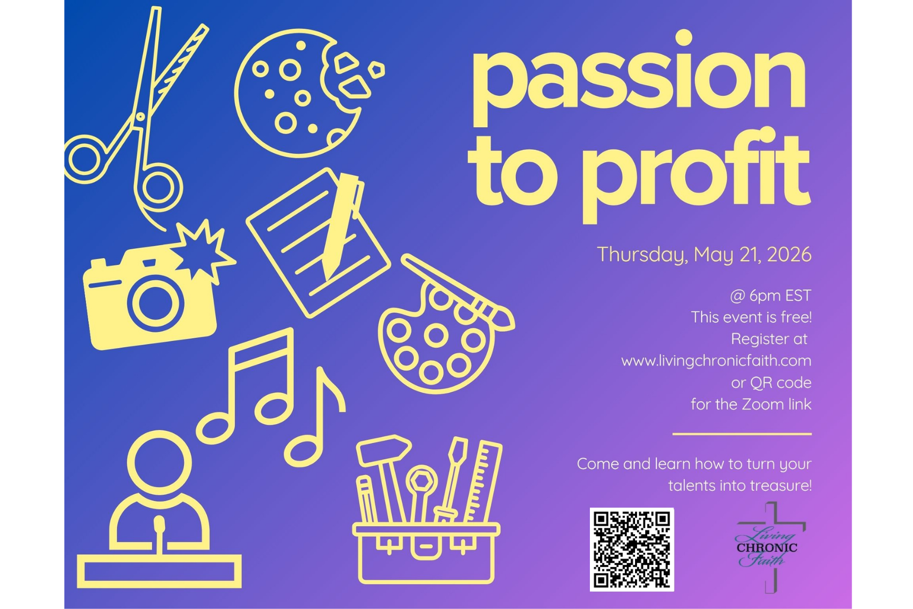Register for the Passion to Profit workshopon May 21st at 6pm EST. Purple background with graphics representing multiple hobbies